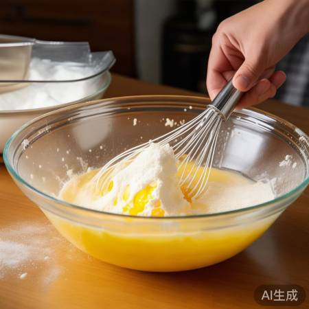 蛋糕制作：蛋黄白糖酸奶，筛入面
