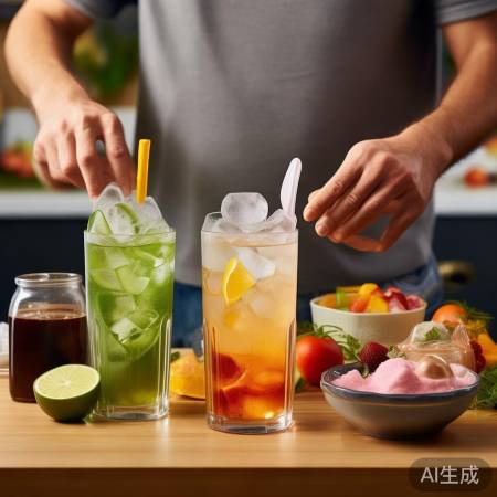 冰饮制作简单，冰块、饮品、水果
