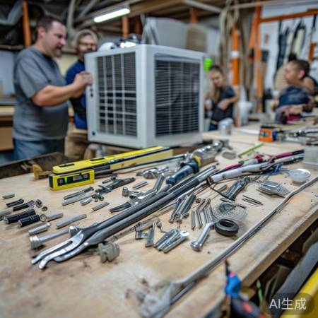 安装水空调，工具材料备齐全。