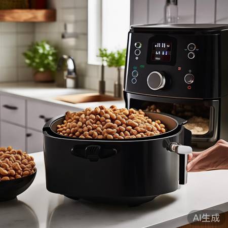 预热空气能炸锅,花生米翻动受热