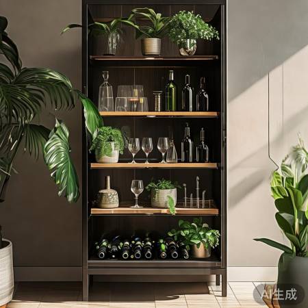 酒柜绿植点缀，简约金属装饰，空
